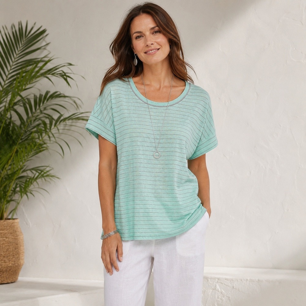 Chico's Mint Linen Blend Metallic Stripe Top Coastal Quiet Luxury Relaxed 3 XL